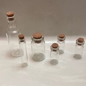Set of Decorative, Clear Miniature Glass Bottles with Cork Stoppers